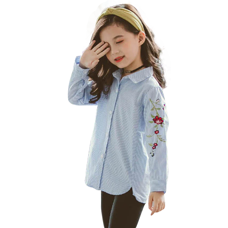 Рубашка для девочек полосатая блузка детская с цветочной вышивкой весна осень