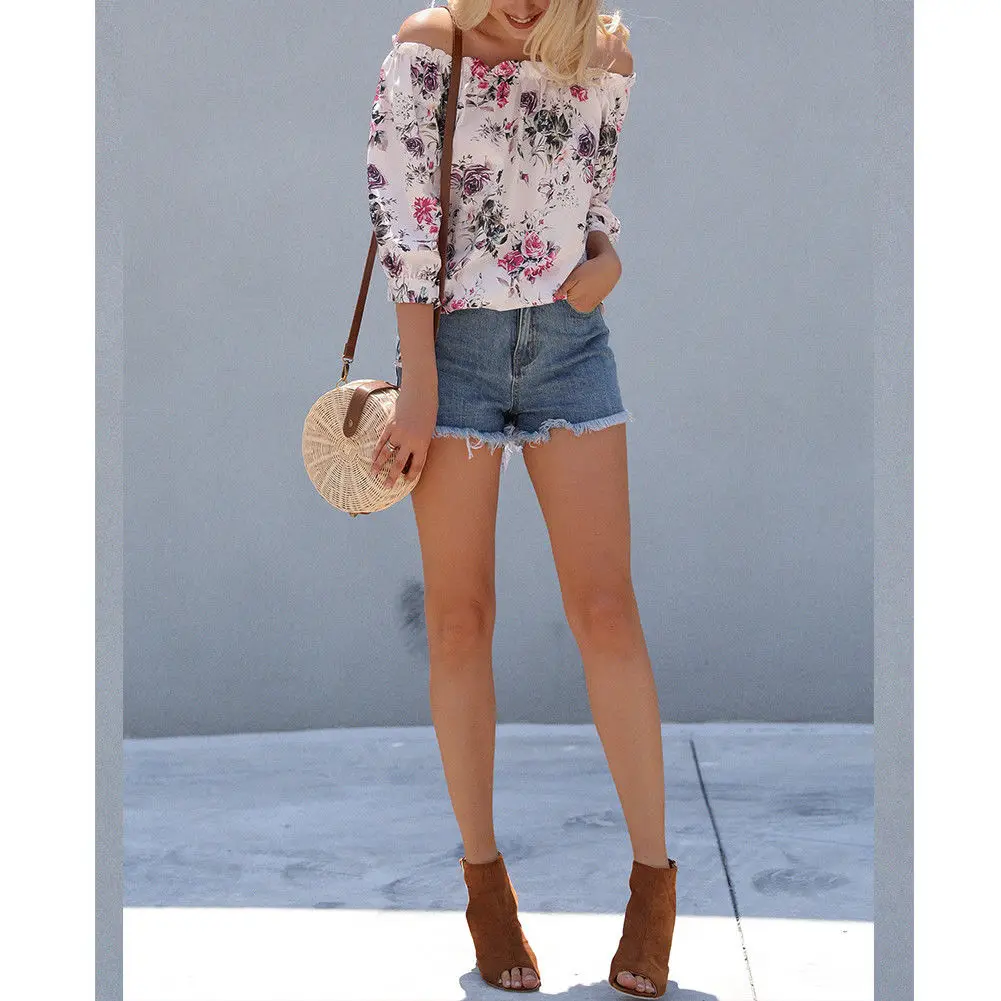 

Women's Off Shoulder Blouse Shirts Ladies Summer Beach Casual Loose Tops Tee Print Shirts 2020 Fashion womens clothing women