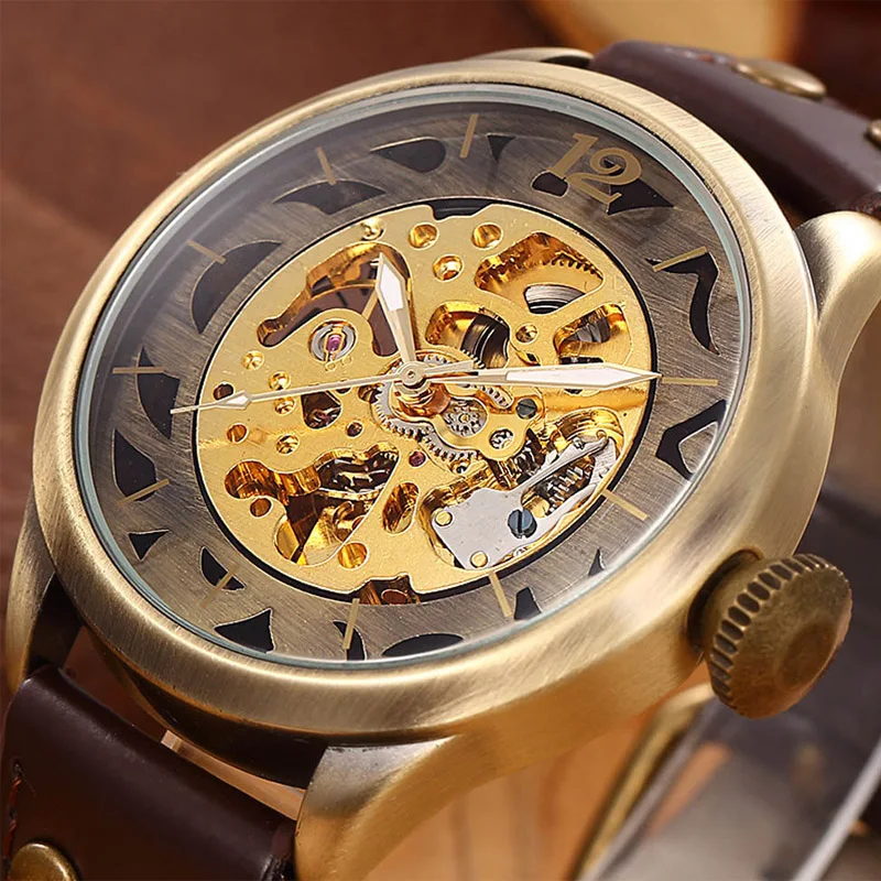 

automatic mechanical men watch man watches top brand luxy reloj automatico de hombre skeleton gold clock Leather Band Waterproof