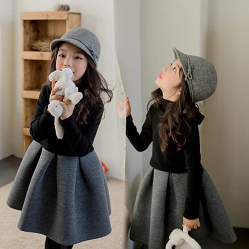 

2020 Girls Spring / Autumn Winter Dress Black gray dress full solid A-line Plus velvet padded dress demin dress 10 years girls
