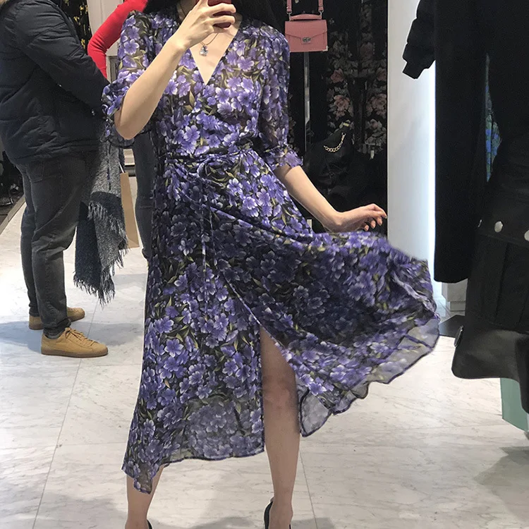 

Women Dress 2021 V Collar Seven Points Bubble Sleeve Ladies Color Matching Print V-neck Lace Dress