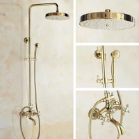 gold color brass two cross handles wall mounted bathroom rain shower head bath tub faucet set telephone shape hand spray mgf445