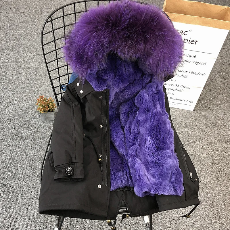 Black voilet fur Детское пальто коллекция года, модное зимнее пальто с натуральным мехом теплая парка с воротником из меха енота для мальчиков и девочек детская куртка - Цвет: Black voilet fur