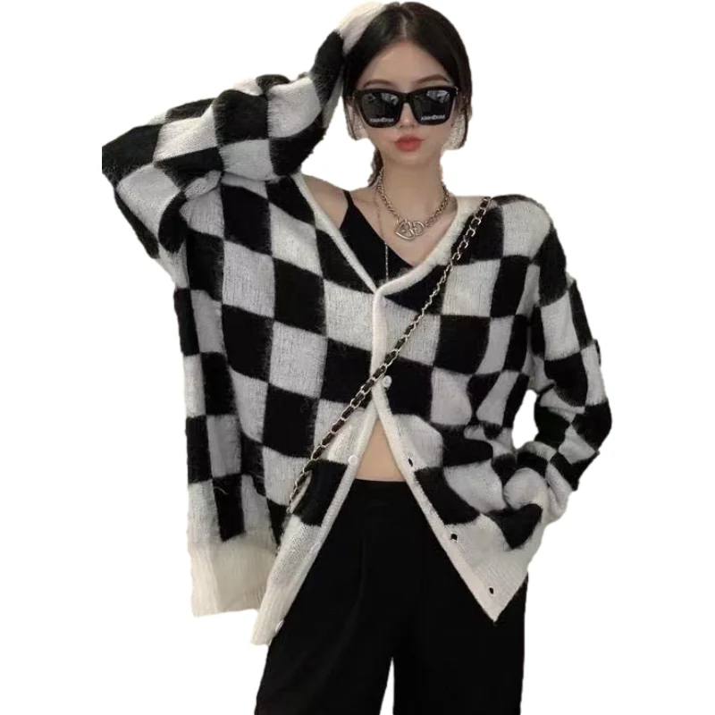 

Женский кардиган в черно-белую клетку, Свободный Повседневный свитер с V-образным вырезом, верхняя одежда в Корейском стиле, Осень-зима 2021