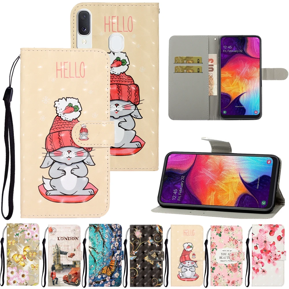 Кожаный чехол для Etui samsung A20E Galaxy A30S A50 откидной Чехол 3D Цветочный держатель карт