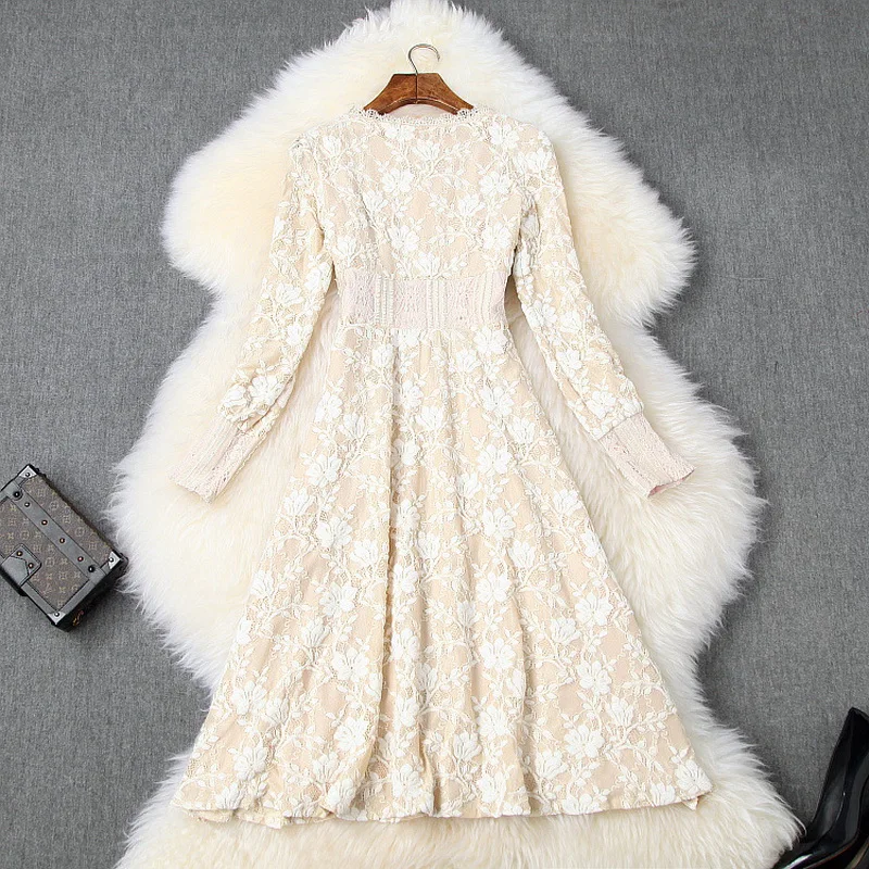 

Slim Fit & Flare 2020 Spring Fashion Style Women Sexy V-Neck Beading Buttons Long Sleeve Crochet Lace Dress Vintage Party