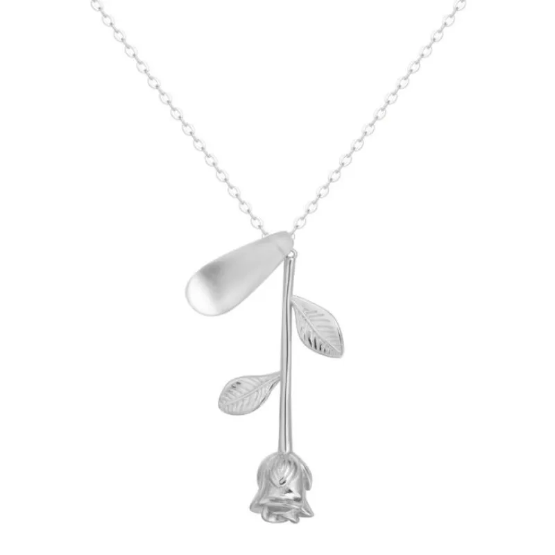 

Beautiful Temperament Water Drop Crystal Designer Creative Rose 925 Sterling Silver Jewelry Female Pendant Necklace H290
