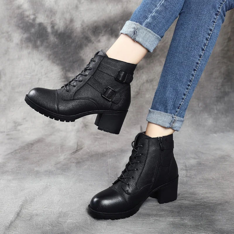 

YAERNI Winter Genuine Leather Mid Heel Women's Boots Spring Shoes Lace Up Chunky Heel Short Bootie Zipper Buckle Martin Boots
