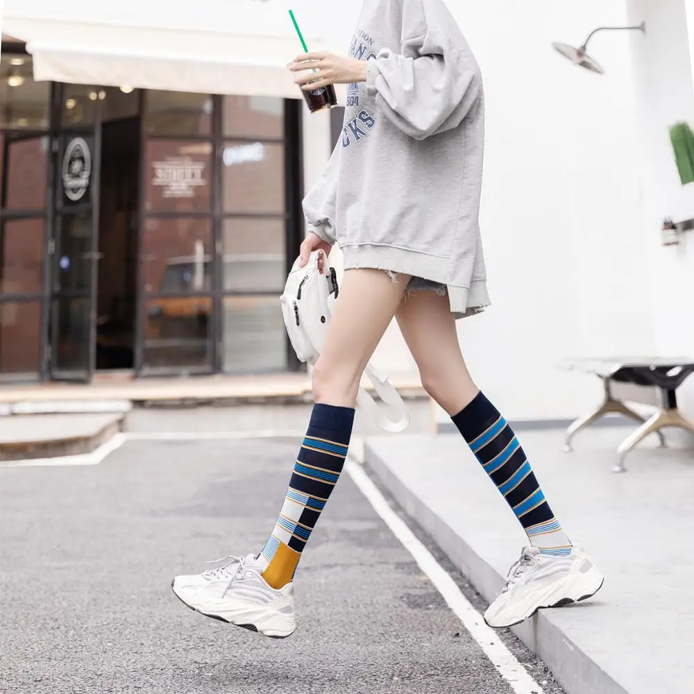 Длинные хлопковые носки для женщин до колен женские полосатые длинные дышащие
