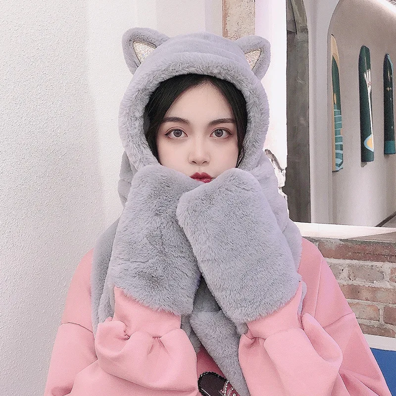 

Winter New Style Plush Korean Style Three-piece Hooded Ear Protection Ladies Thick Warm and Comfortable Hat Scarf Gloves One