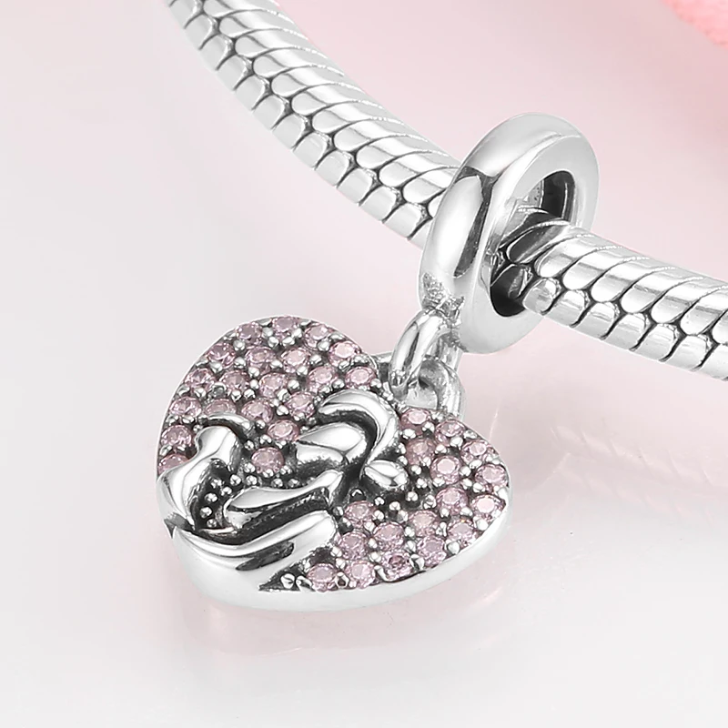 Sterling Silver 925 Mother and baby Hearts beads Fit Pandora beads Bracelet for Women Fine Jewelry Gift