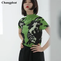 changpleat 2021 new short sleeve summer tops for women miyak pleated stand up collar plus fashion slim high elasticity t shirts