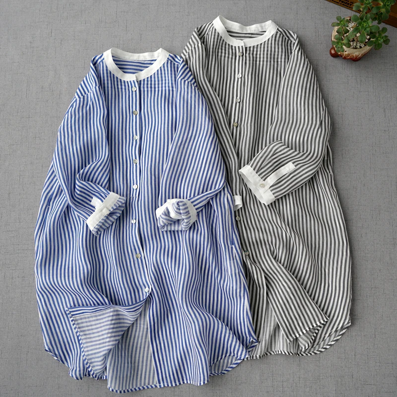 Spring Summer Women Casual Basics All-match Loose Plus Size Stripe Comfortable Water Washed Thin Ramie Long Shirts/Blouses