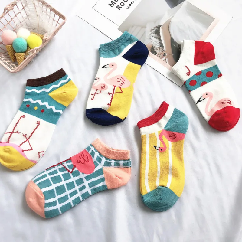 

New Spring And Summer Thin And Versatile Women's Socks Personality Trend Flamingo Pattern Advanced Cotton Invisible Socks