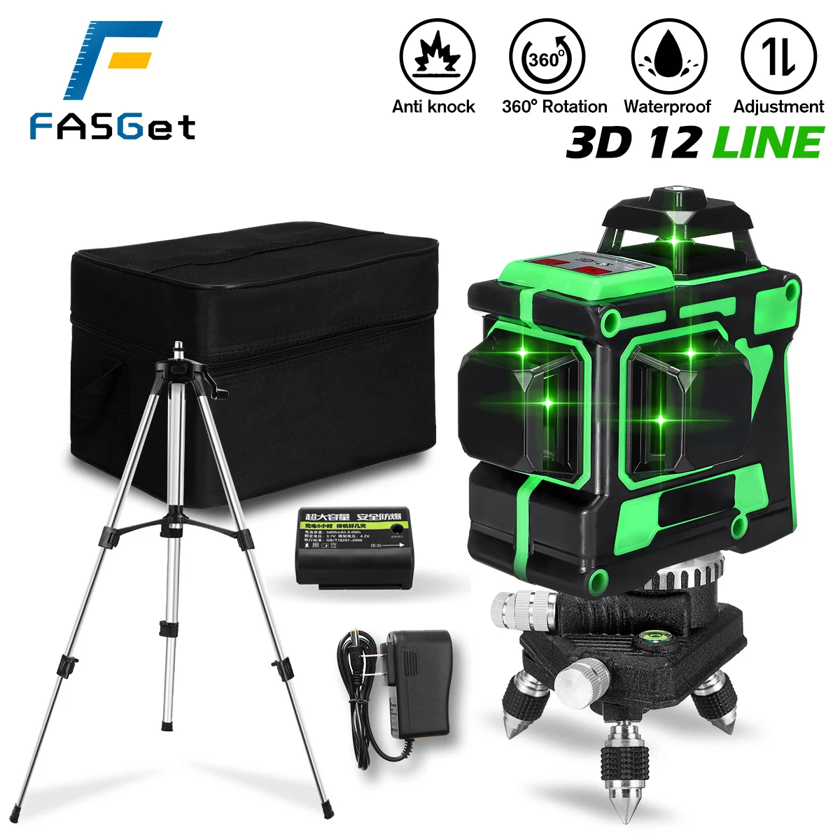 FASGet Laser Level 12 Lines 3D Self-Leveling 360 Horizontal And Vertical Cross Super Powerful Green | Инструменты