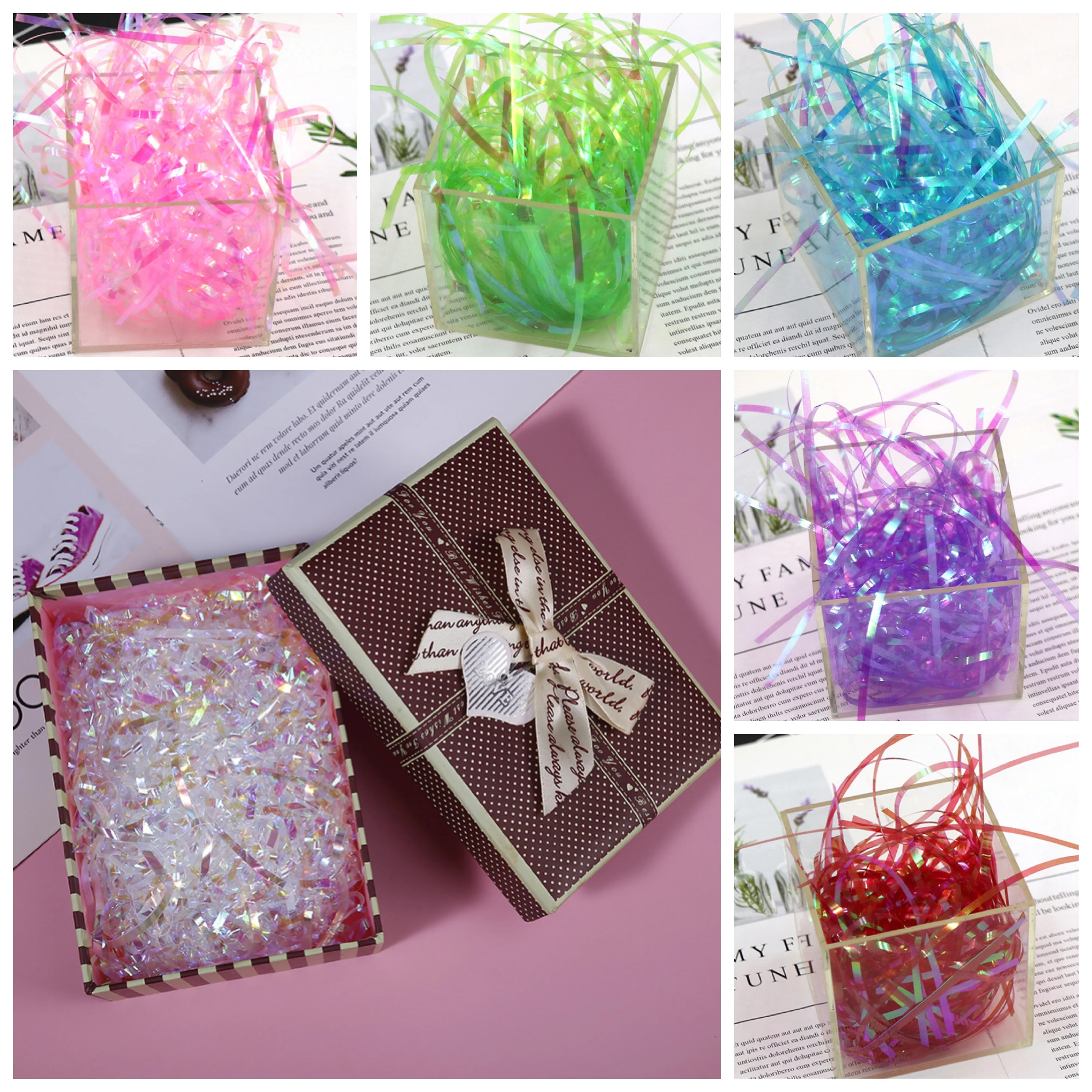 

100g Transparent Confetti Upscale Gift Box Packing Decoration Lafite Wine Box Fluffy Filler Colorful Plastic Raffia 3MM Shredded