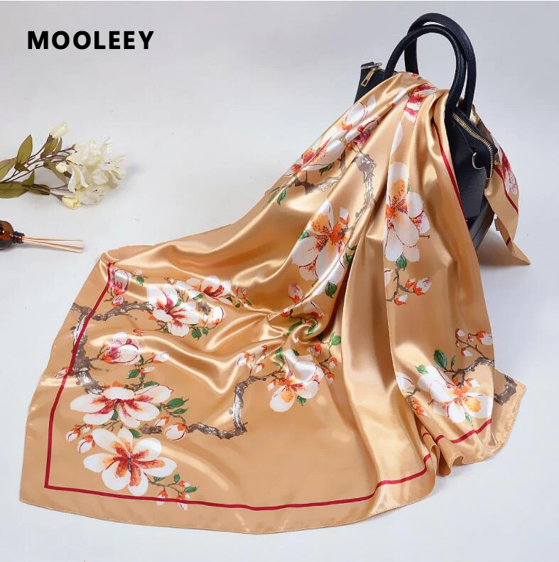 

High Quality Flower Print 90CM Square Scarf Lady's Twill Silk Muffle Profession Silk Shawls Muslim Women Hijab Gift Wholesale