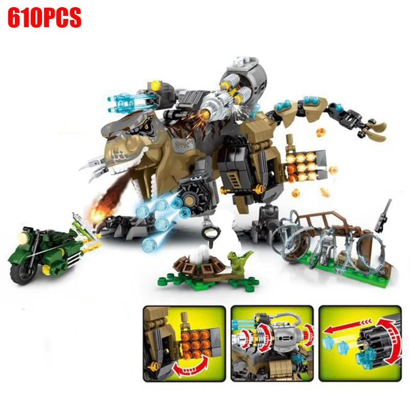 

610pcs Motorcycle Chase Mech Tyrannosaurus Building Blocks Jurassic Dinosaur City World With Figures Bricks Toys For Children