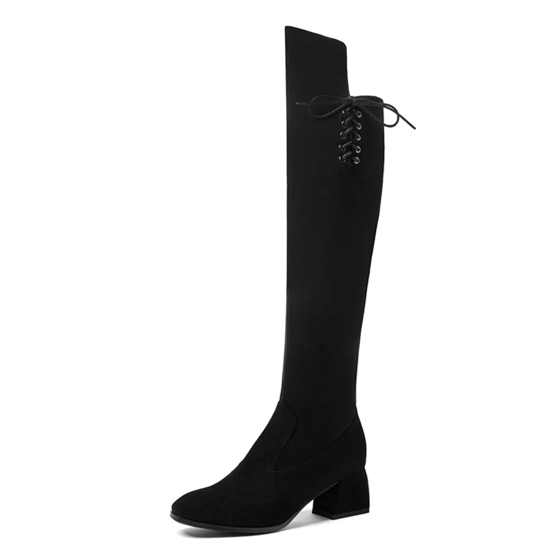 

Сапоги выше колена из черной замши, на квадратном каблуке, на шнуровке, на толстом каблуке, из нубука, с боковой молнией, очень маленькие разм...