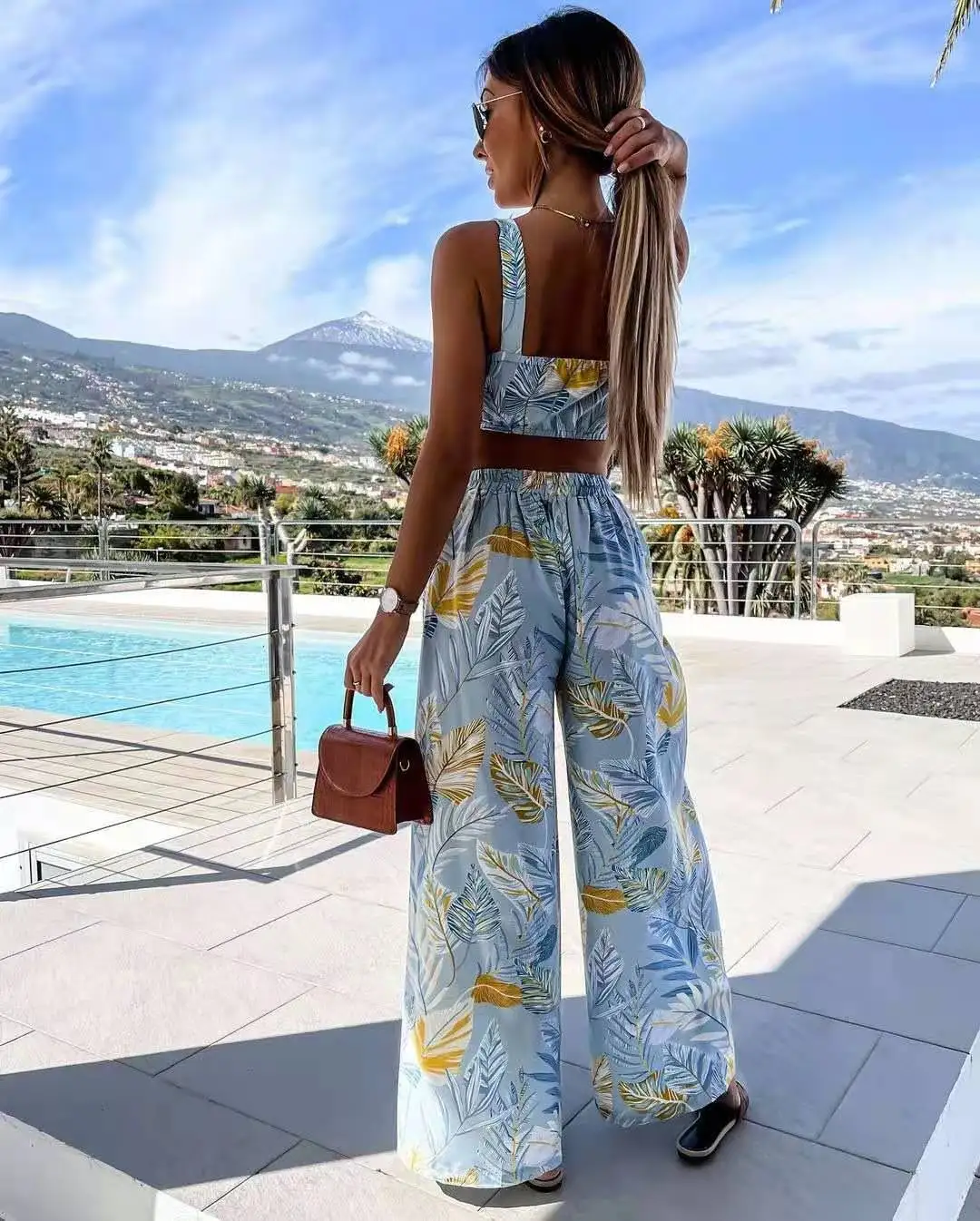 

Summer Women Print Sexy 2 Piece Sets Sleeveless Camisole Backless Strap Tops Fashion Clothing Set Fall Slit Wide Leg Pants Suits