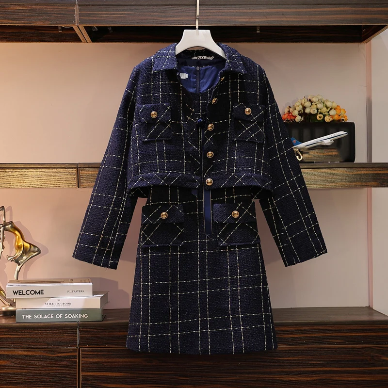 Элегантный женский клетчатый костюм Осенний короткий шерстяной пиджак в клетку +