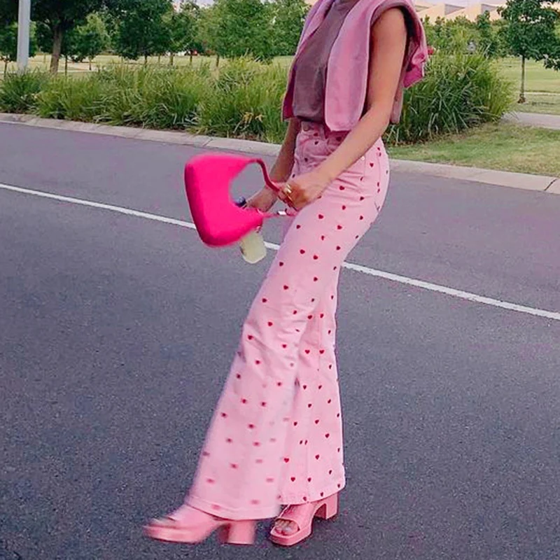 

Aesthetics Pink Printing Flare Pants Girl Vintage High Waist Baggy Trousers Fashion Streetwear Long Bottoms