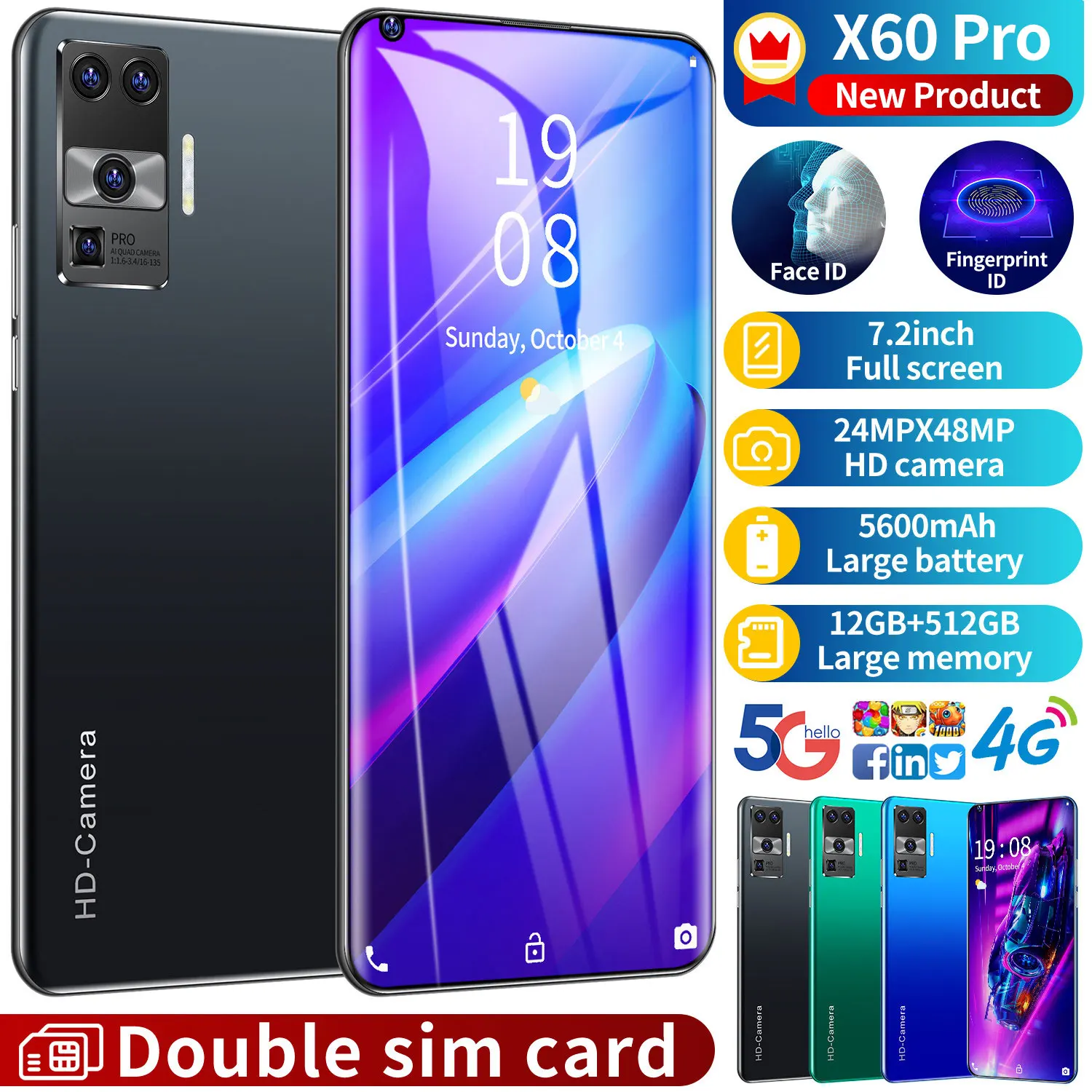 2021 X60 pro 5G Mtk6889 10 ядерный 7 2 дюймовый HD + 1080*2320 12 Гб 512 24mp 48mp аккумулятор 5600 мАч Android
