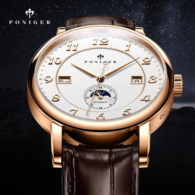 

Switzerland Luxury Brand PONIGER Japan Automatic Mechanical Men‘s Watches Sapphire Multi-function 50M Waterproof Moon Phase P915
