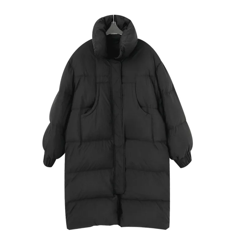 XUXI Black Cotton Clothes Women Long Over The Knee Coat Korean Long Sleeve Zipper Stitching Thicken Coat Winter 2021 E4522