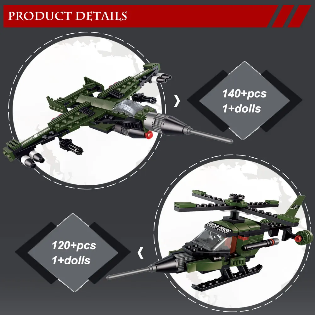 

BZDA WW2 8-in-1 Assault Chariot Helicopter High-tech Car Building Blocks Military Tank Bricks Educational Toys For Boys gift