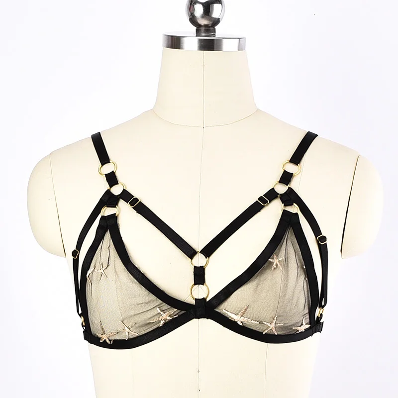 

New Lace Mesh Harness Women Punk Goth Cupless Bra Tops Harness Belt Body Bondage Chest Sexy Lingerie Festival Rave