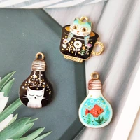 10pcs fangle cartoon printed cup cat bulb fish metal pendants oil drop gold tone enamel charms diy earring jewelry accessory