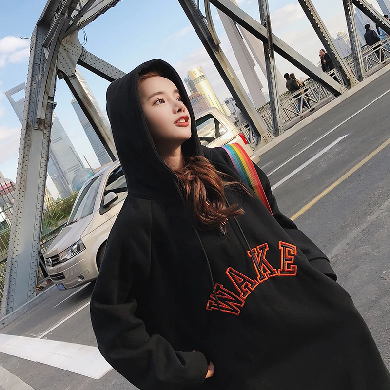 L-3XL New Fall Winter Women Letter Print Loose hoodies Dress Girl streetwear Trend Fashion Long Style Pullovers Sweatshirts
