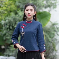 m 4xl plus size traditional chinese clothing embroidery cheongsam shirts navy blue woman blouse women cotton linen qipao tops