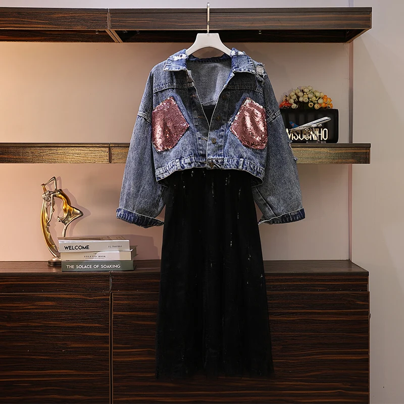 

Fat Size Female Dresses Fat Sister Sequined Jean Jacket + Sling Skirt For Autumn 2019