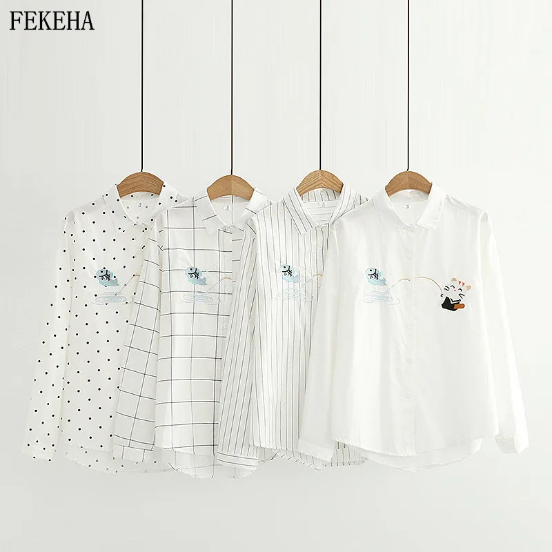 

Autumn Women White Shirts Cat Embroidery Blouses Long Sleeve Dot Stripe Lady Tops Female Clothes