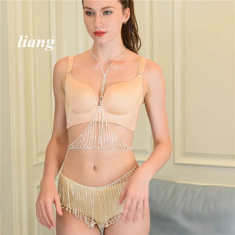 

Sexy Bikini Bra chain Three-point Thong Body Chain Crystal Tassel Chest Chain Body Jewelry Waist Chain Beach outfit портупея