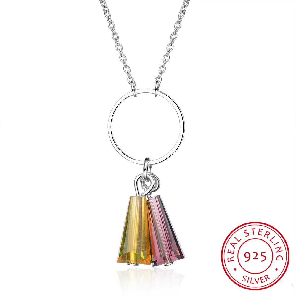 

New Fashion Circle Tassels 925 Sterling Silver Jewelry Female Colorful Fan Shaped Crystal Pendant Necklace for Women Ladies