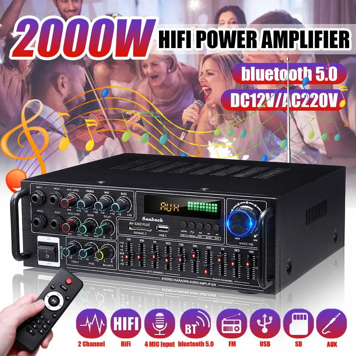 

Home Car Amplifiers 2000W 2 Channel bluetooth 5.0 Surround Sound 4 Mic FM USD USB Remote Control HIFI Digital Amplifier Stereo
