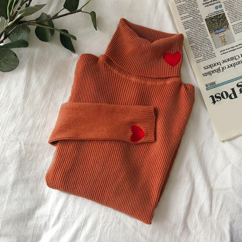 Brown Sweater Зимний корейский женский свитер с вышивкой в виде сердца, водолазка с длинными рукавами, вязанные свитера для женщин, пуловеры, женские эластичные Топы - Цвет: Brown Sweater