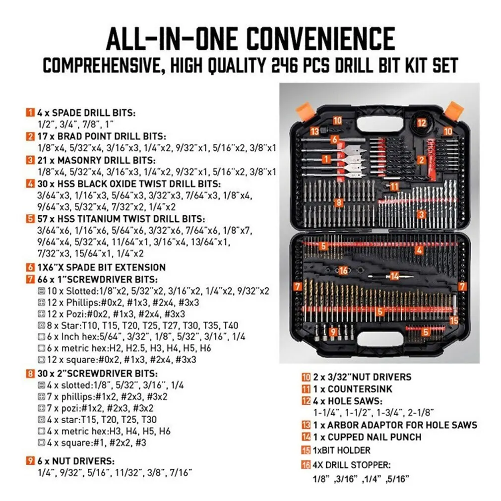 

246Pcs Drill Bit Set Tool Combination Kit Woodworking Flat Drilling Twist Drill Cement Drilling Hole Opener With Storage Box