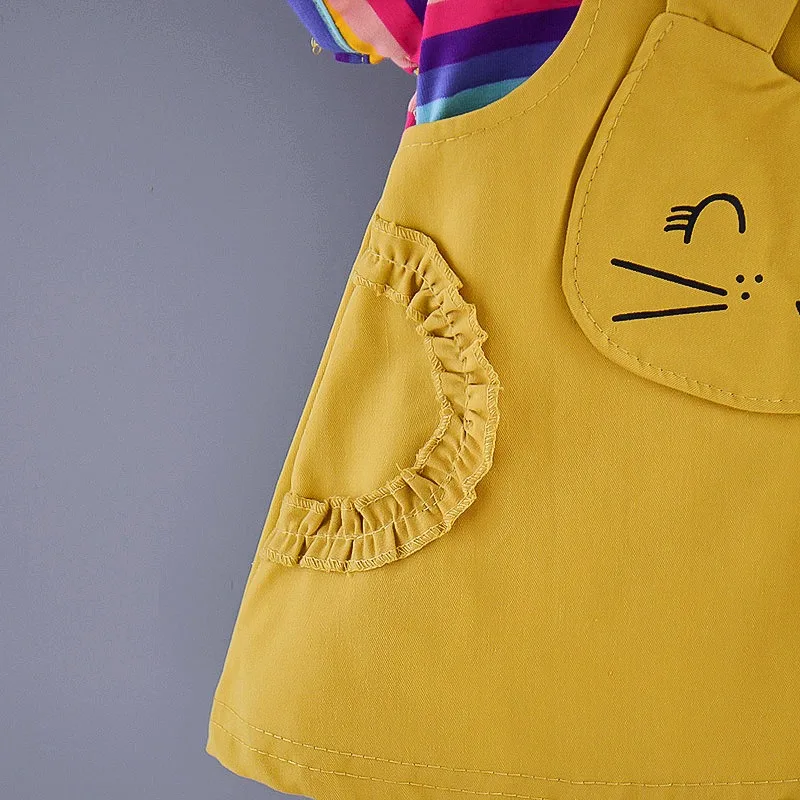 

Faux-two Cute Cat Design Baby Girl Short Sleeve Striped Princess Dress for Newborn and Baby Girl
