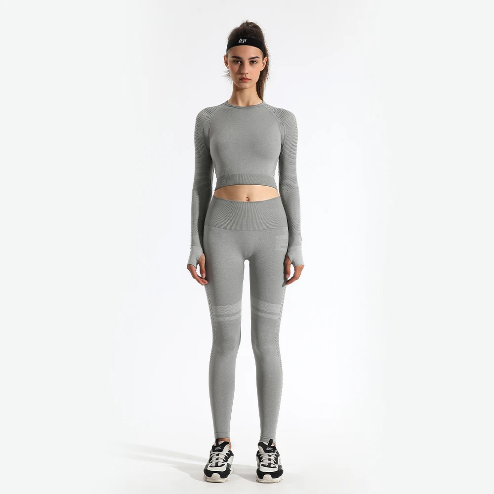 

Tracksuit Women New Mesh Seamless Yoga Set Gym Fitness Sportswear Clothing High Waist Long Sleeve Crop Tops Leggings Sport Suits