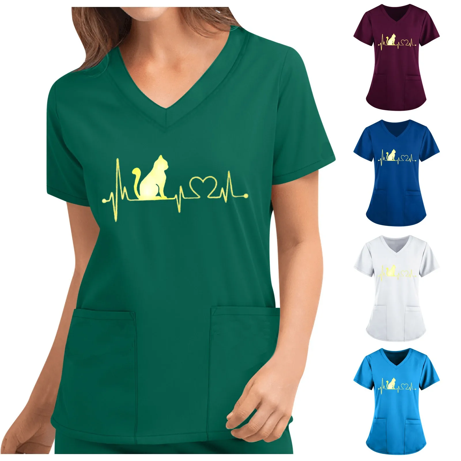 

Nurse uniform for Women's Cute Print Short Sleeve V-neck Top 2021 Work Uniform Solid Color Pocket Top Blouse uniforme enfermera