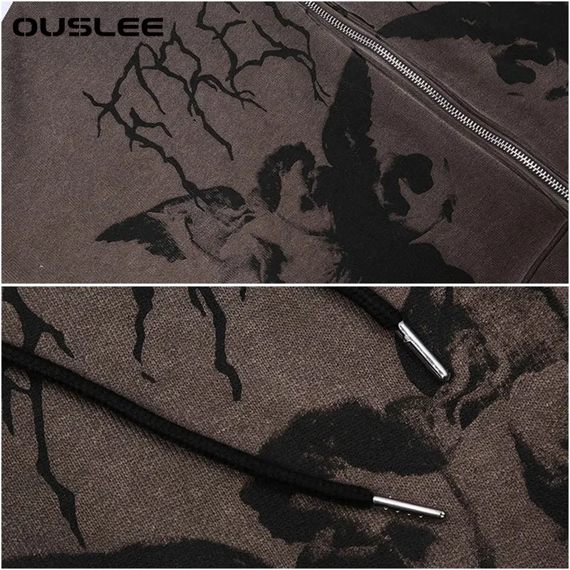 OUSLEE Autumn Women Hip Hop Streetwear Hooded Jacket Angel Dark Print Jacket Outwear Zipper Grunge Y2K Aesthetic Streetwear