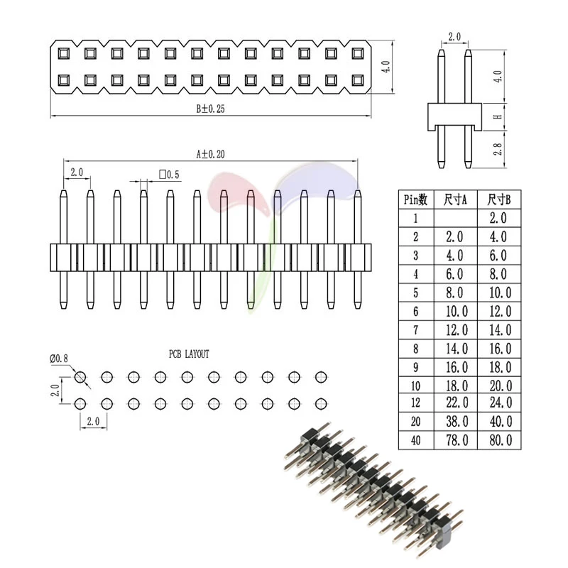 10 шт./лот двухрядный штырьковый разъем для печатной платы 2*2/3/4/5/6/7/8/10/12/20/40
