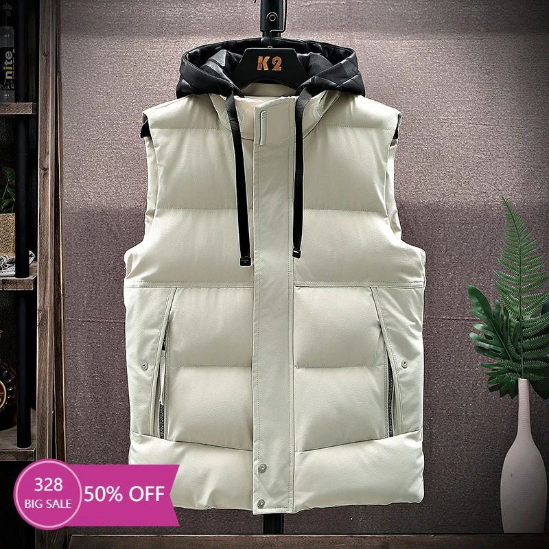 

Весенний жилет пуховые куртки с капюшоном для мужчин белый Повседневный обычный стандартный теплый простой пуховик без рукавов Сверхлегки...