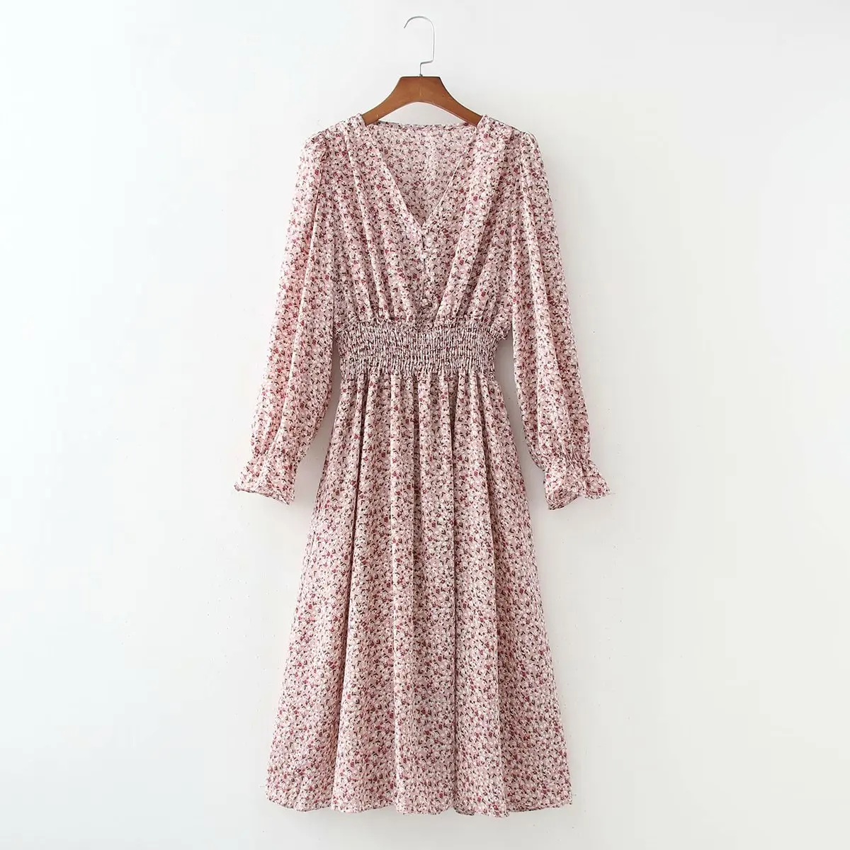 

2021 винтажное женское платье с цветочным принтом, v-образный вырез, длинные рукава, эластичная резинка на талии, повседневные платья средней ...