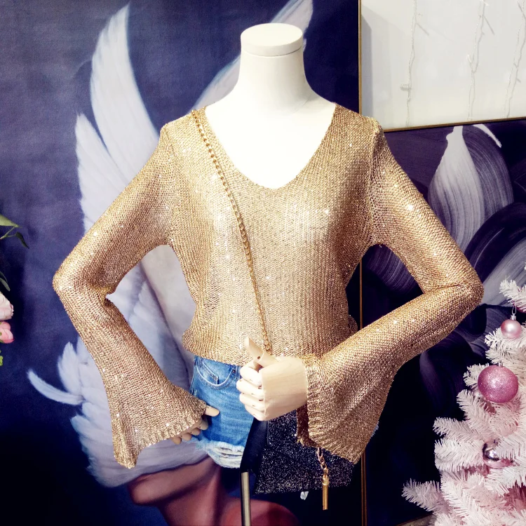 Flare Long Sleeved sweater Women silver Sequins V neck Casual Pullover See-through Bling Slim Knitted Top Lady | Женская одежда