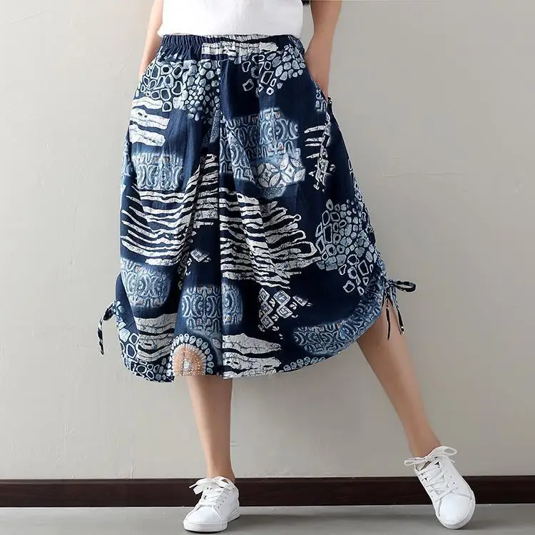 

Real Shot Summer New Cotton And Hemp Shorts Women's Loose And Thin Famous Ethnic Style Printing Elastic Waist Leisure Wide Leg